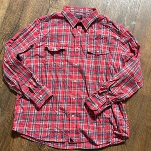 Untuckit salmon and blue plaid button down shirt